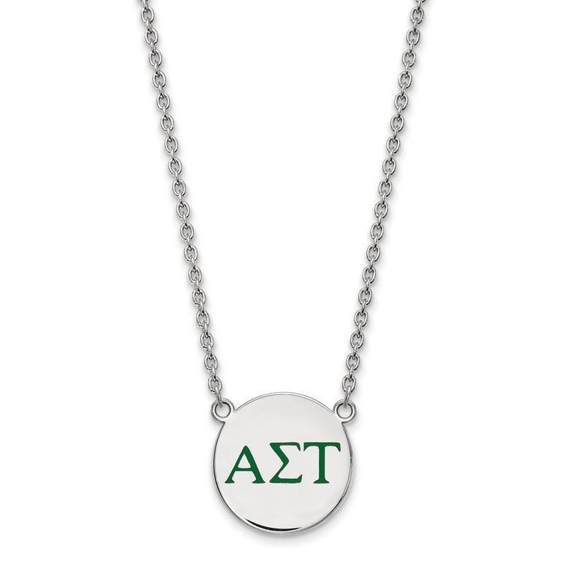 Sterling Silver Alpha Sigma Tau Large Green Enamel Greek Necklace